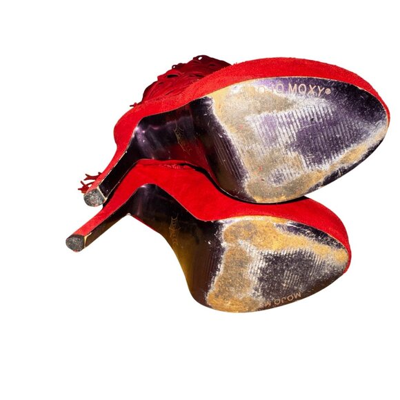 Red Suede Fringe High Heel Boots 10M Platform Stiletto Knee High Western Boho - Picture 6 of 8